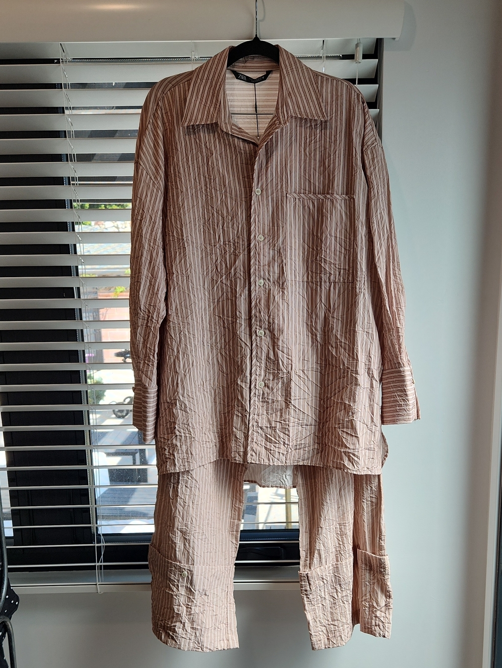 Zara Wrinkled Effect Oversized Stripe Button-Up Shirt & Pants Size M/L BNWT
